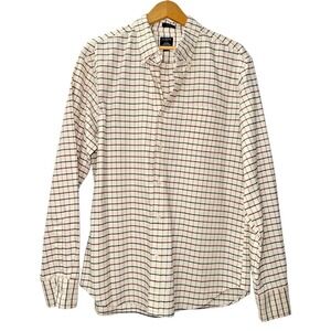 J.Crew Flex Oxford Mens Large Pre-Owned Slim Shirt Off-White Navy Grid Check